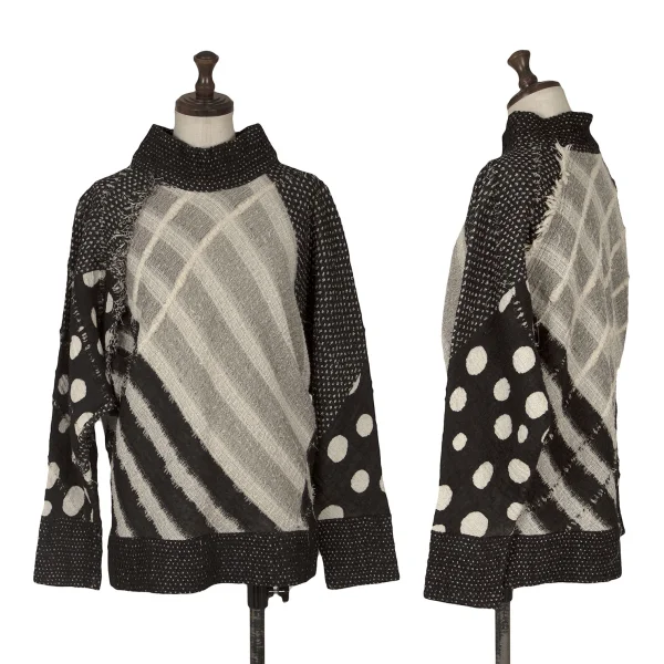 ISSEY MIYAKE Crazy Pattern High Neck Knit Sweater Ivory,Black M K-159941_001