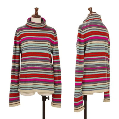 Chloe Angora Blend Wool Multi Striped Turtleneck Knit Sweater
