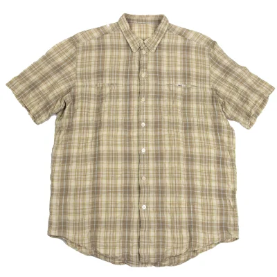 PAPAS&SONS Linen Cotton Check Button Down Short Sleeve Shirt