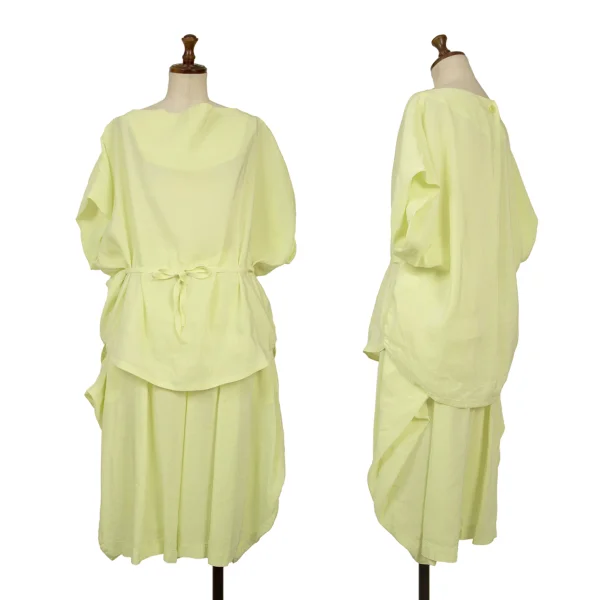 ISSEY MIYAKE Waist Cord Short Sleeve Blouse & Volume Shorts Light Green 2 K-160600_001