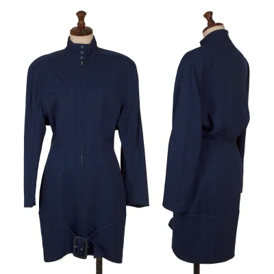 Thierry Mugler Wool Herringbone Switching Design Belted Long Jacket