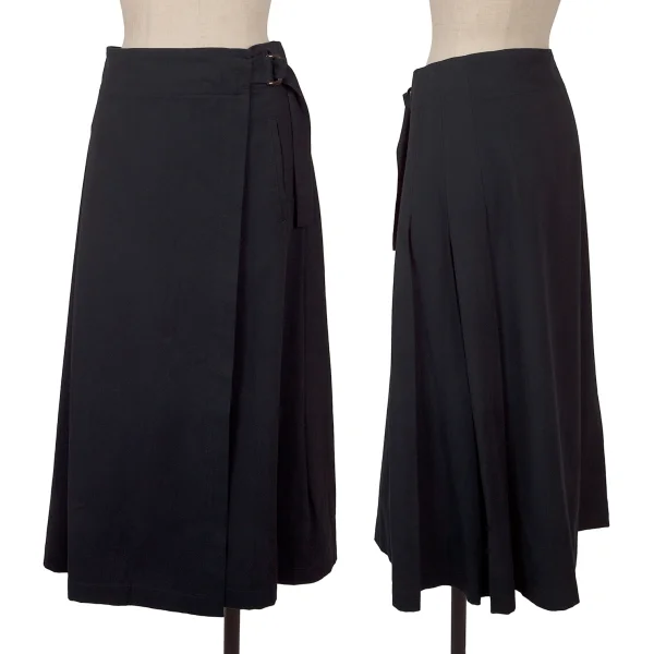 Y's Cotton Rayon Side Pleats Wrap Skirt Navy 1 K-160738_001