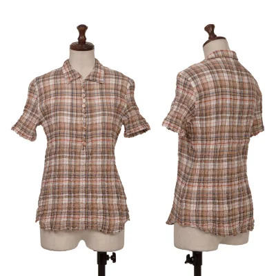 Mademoiselle NON NON Wrinkled Cotton Check Multi Button Short Sleeve Blouse