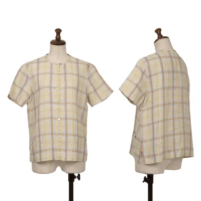 Mademoiselle NON NON Linen Checed Short Sleeve Collarless Blouse