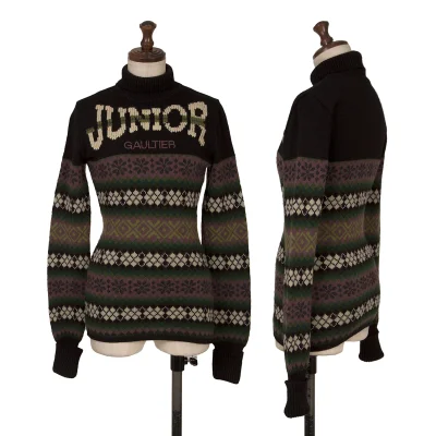 JUNIOR GAULTIER Logo Embroidery Ethnic Woven Turtleneck Knit Sweater