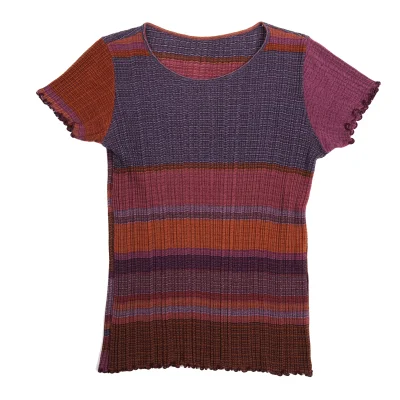 JURGEN LEHL Pleated Stripe Jacquard Short Sleeve Knit Top