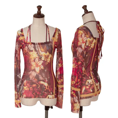 Jean Paul GAULTIER Floral Print Cord Neck Design Mesh Top