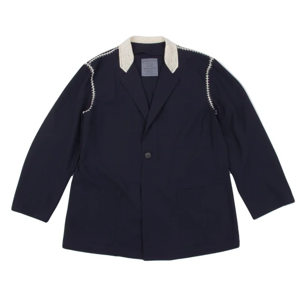 Yohji Yamamoto POUR HOMME Crochet Switching Wool Gaba Jacket Navy,White M K-161239_001