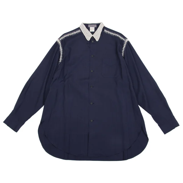 Yohji Yamamoto POUR HOMME Crochet Lace Switching Shirt Navy S-M K-161242_001