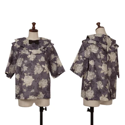 tricot COMME des GARCONS Neck Ribbon Floral Print Cotton Linen Blouse