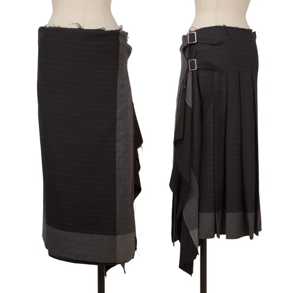 COMME des GARCONS Half Pleats Striped Wool Wrap Skirt Navy,Grey S K-161320_001