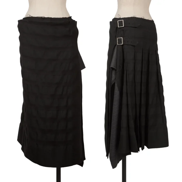 COMME des GARCONS Half Pleats Striped Weave Wool Wrap Skirt Black,Grey S K-161321_001