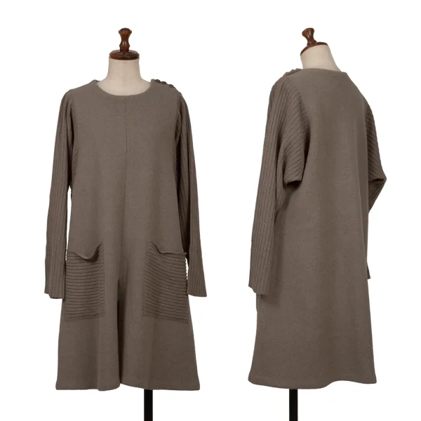HIROKO KOSHINO TRUNK Wool Blend Rib Switching Hem Slit Tunic Mocha M K-161329_001