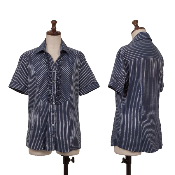 NARACAMICIE Lame Striped Frill Stretch Short Sleeve Blouse Navy,Silver S-M K-161350_001