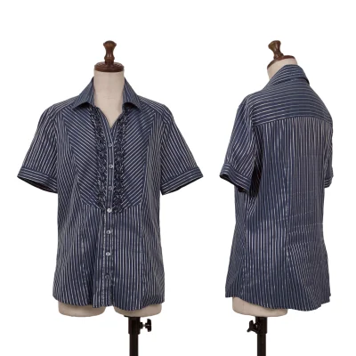 NARACAMICIE Lame Striped Frill Stretch Short Sleeve Blouse