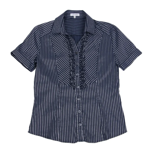 NARACAMICIE Lame Striped Frill Stretch Short Sleeve Blouse K-161350_002