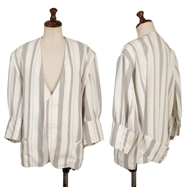 Y's Striped Collarless Jacket White,Navy S-M K-161368_001