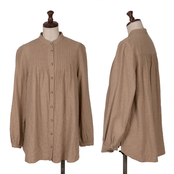 Mademoiselle NON NON Cotton Blend Pin Tuck Design Band Collar Shirt Beige  K-161403_001