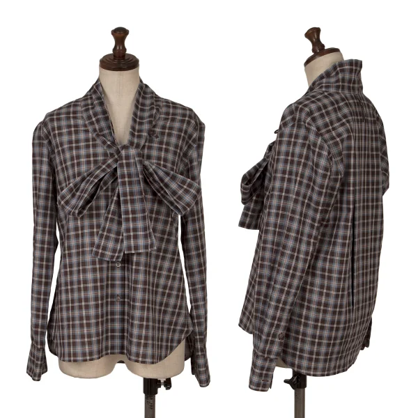 MARGARET HOWELL Check Ribbon Neck Shirt Brown 2 K-161409_001