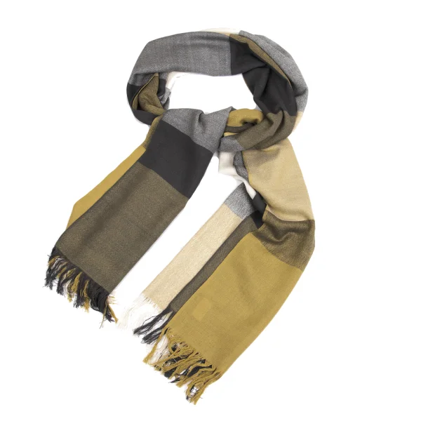 MARGARET HOWELL Silk Blend Check Fringe Stole Yellow,Grey,White F K-161422_001