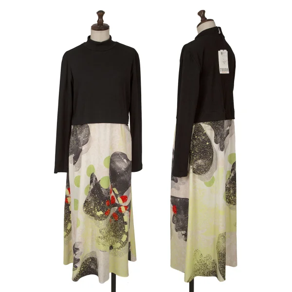HIROKO KOSHINO Splash Paint Printed Rib Switching Dress Black,Multi-Color 40 K-161427_001