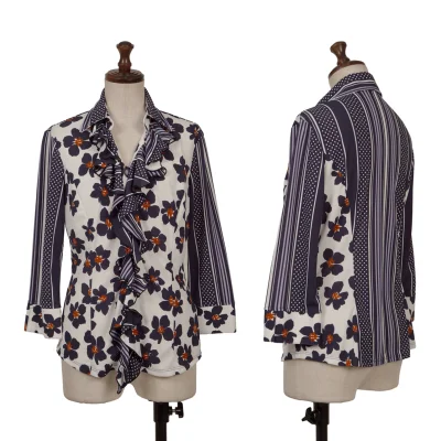NARACAMICIE Froral Stripe Printed Stretch Frill Blouse