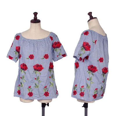 NARACAMICIE Flower Embroidery Striped Short Sleeve Blouse