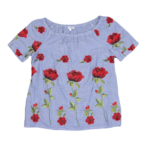 NARACAMICIE Flower Embroidery Striped Short Sleeve Blouse K-161555_002