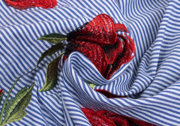 NARACAMICIE Flower Embroidery Striped Short Sleeve Blouse K-161555_011