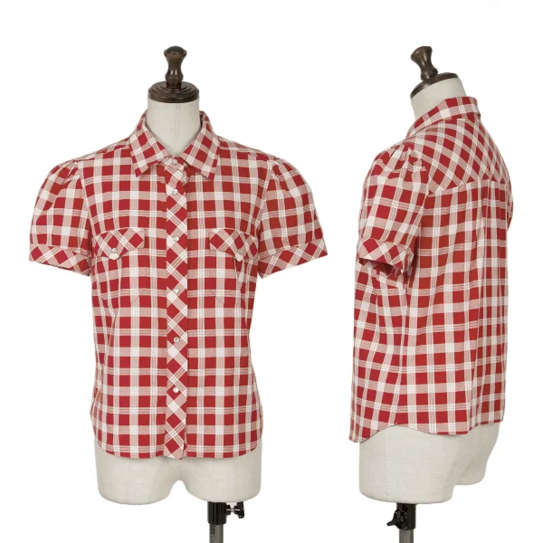 agnes b. Checkered Snap Button Puff Sleeve Blouse Red,White 40 K-161560_001