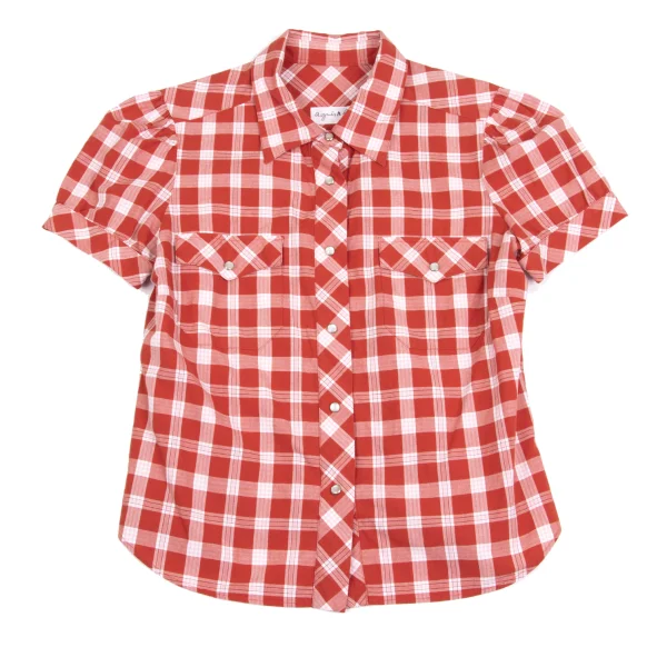 agnes b. Checkered Snap Button Puff Sleeve Blouse K-161560_002