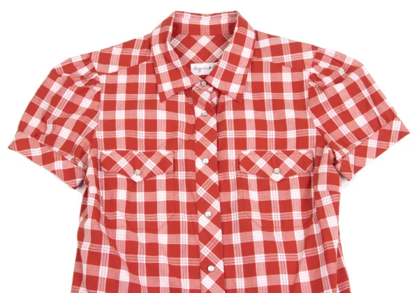agnes b. Checkered Snap Button Puff Sleeve Blouse K-161560_003