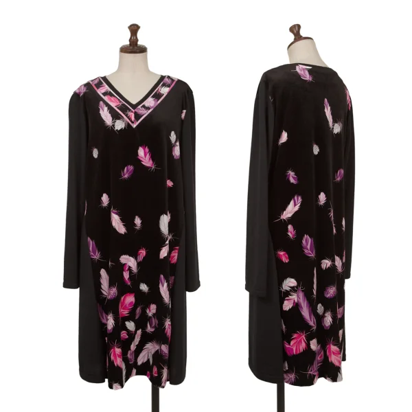 LEONARD SPORT Feather Printed Velour Switching Dress Black,Pink 42 K-161585_001