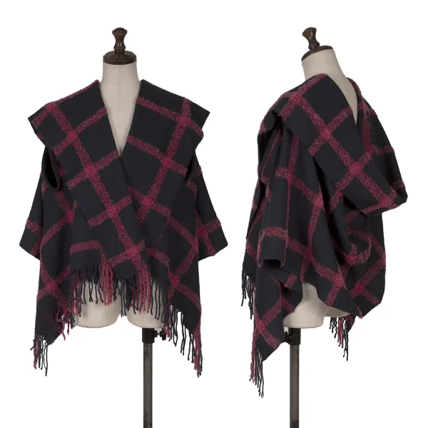 Y's Checker Fringe Poncho Navy,Pink  K-161623_001