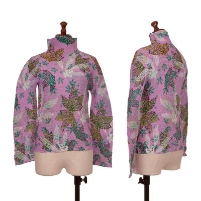 ISSEY MIYAKE me Floral Leaf Printed Stretch Pleated High Neck T-shirt