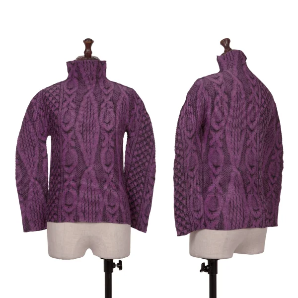 ISSEY MIYAKE me Cable Knit Printed Stretch Pleats High Neck T-shirt Purple Free K-161759_001