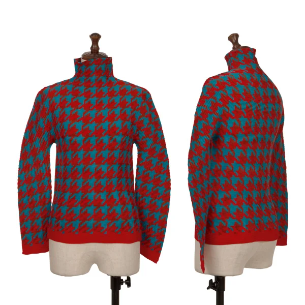 ISSEY MIYAKE me Houndstooth Print Stretch Pleats High-neck Top Red,Blue F K-161763_001