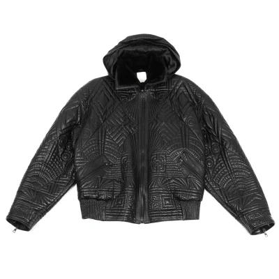 GIANNI VERSACE Leather Geometric Stitch Design Detachable Hooded Jacket