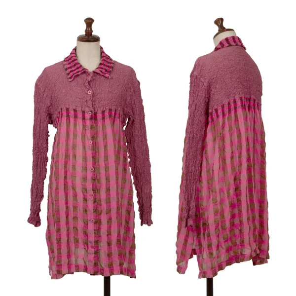 ISSEY MIYAKE me Cauliflower Switching Check Long Shirt Pink F K-161815_001