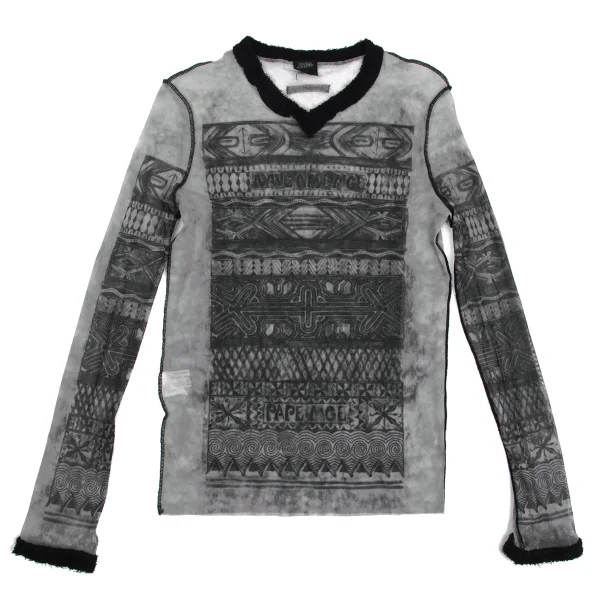 Jean Paul GAULTIER HOMME Pile Switching Graphic Printed Mesh V-neck T-shirt Grey,Black 48 K-161856_001