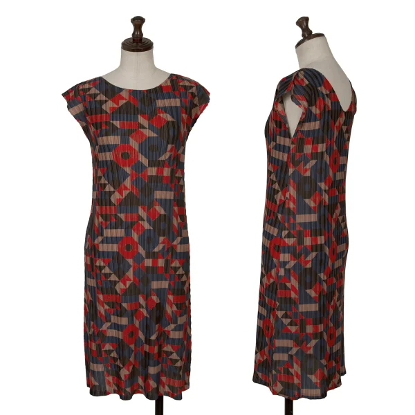 PLEATS PLEASE Geometric Sleeveless Dress Red,Navy 3 K-161971_001