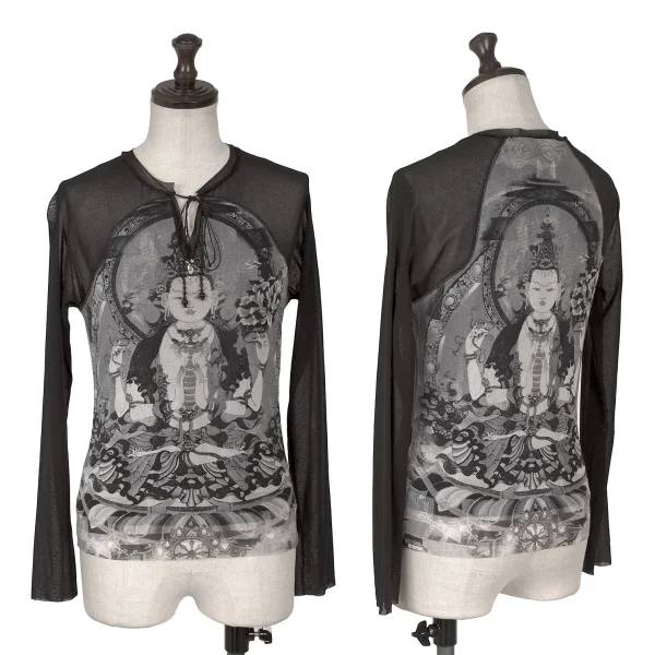 VIVIENNETAM Printed Neck Cord Design Mesh Layered Top Black,Grey 1 K-161995_001
