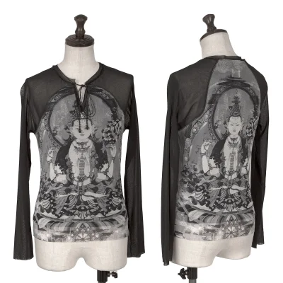VIVIENNETAM Printed Neck Cord Design Mesh Layered Top