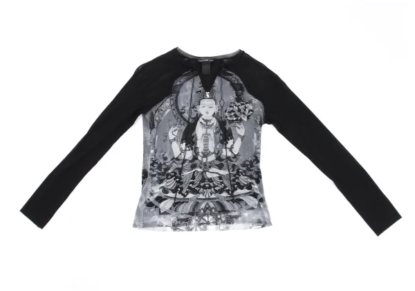 VIVIENNETAM Printed Neck Cord Design Mesh Layered Top K-161995_002