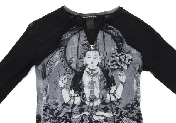 VIVIENNETAM Printed Neck Cord Design Mesh Layered Top K-161995_003