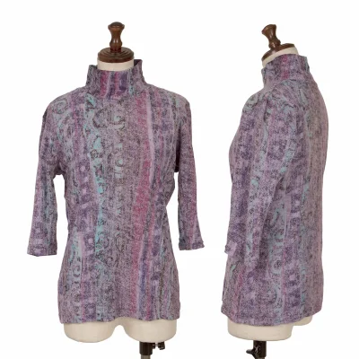 Yohji Yamamoto FEMME Wool Patterned 3/4 Sleeve High Neck Top