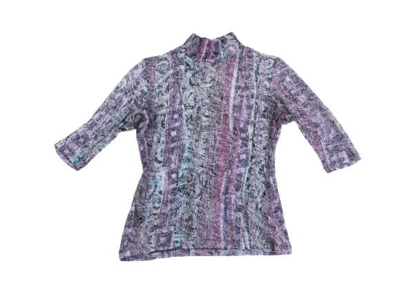 Yohji Yamamoto FEMME Wool Patterned 3/4 Sleeve High Neck Top K-162002_002