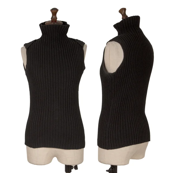Yohji Yamamoto FEMME Cotton Rayon High Neck Sleeveless Rib Knit Sweater Black 3 K-162007_001