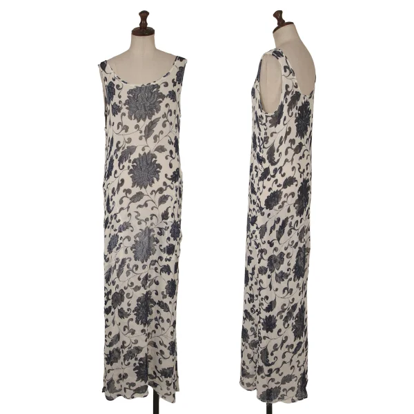 Yohji Yamamoto FEMME Floral Printed Mesh Sleeveless Dress White,Navy S K-162013_001