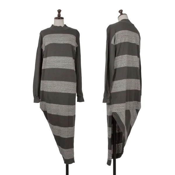 ISSEY MIYAKE Striped Asymmetry Dress Charcoal M K-162086_001